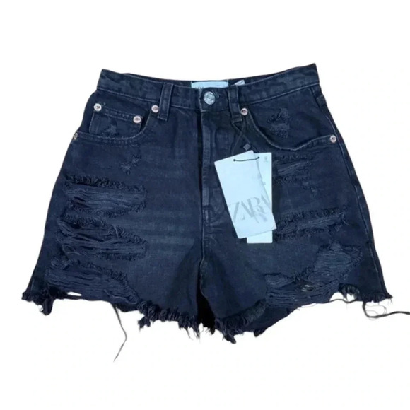 Zara Pants - #0248 Zara Distressed High Rise Shorts, Black Denim, Size 0